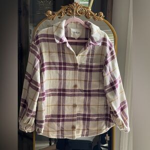 ba&sh Qetsia Cream with Burgundy and Gold Plaid Utility Jacket Overshirt